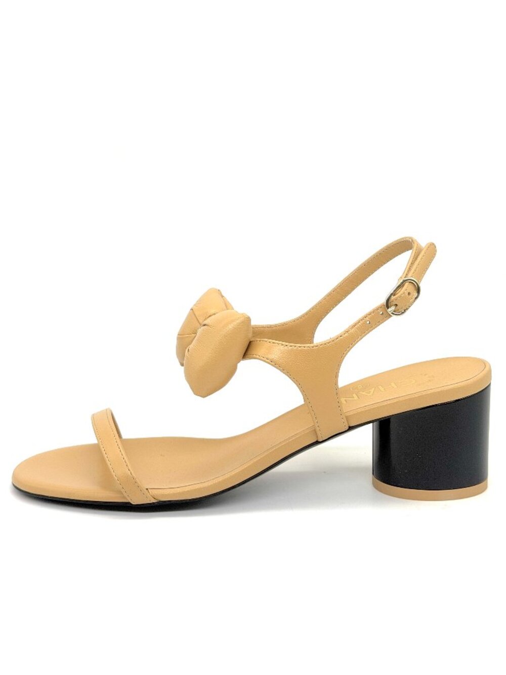 CHANEL 25P Lambskin Leather CC Bow Ankle Strap Sandals Block Heels Shoes